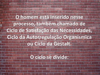 O homem está inserido nesse
processo, também chamado de
Ciclo de Satisfação das Necessidades,
Ciclo da Autorregulação Organísmica
ou Ciclo da Gestalt.
O ciclo se divide:
 