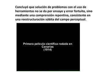 Concluyó que solución de problemas con el uso de
herramientas no se da por ensayo y error fortuito, sino
mediante una comprensión repentina, consistente en
una reestructuración súbita del campo perceptual.
 