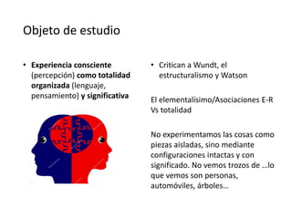 Objeto de estudio
• Experiencia consciente
(percepción) como totalidad
organizada (lenguaje,
pensamiento) y significativa
• Critican a Wundt, el
estructuralismo y Watson
El elementalísimo/Asociaciones E-R
Vs totalidad
No experimentamos las cosas como
piezas aisladas, sino mediante
configuraciones intactas y con
significado. No vemos trozos de …lo
que vemos son personas,
automóviles, árboles…
 