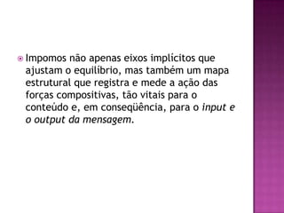  Impomos não apenas eixos implícitos que
 ajustam o equilíbrio, mas também um mapa
 estrutural que registra e mede a ação das
 forças compositivas, tão vitais para o
 conteúdo e, em conseqüência, para o input e
 o output da mensagem.
 