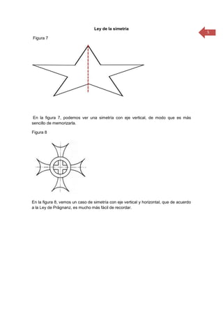 5
Ley de la simetría
Figura 7
En la figura 7, podemos ver una simetría con eje vertical, de modo que es más
sencillo de memorizarla.
Figura 8
En la figura 8, vemos un caso de simetría con eje vertical y horizontal, que de acuerdo
a la Ley de Prägnanz, es mucho más fácil de recordar.
 