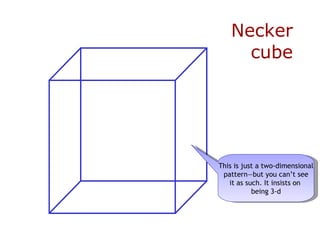 Necker cube This is just a two-dimensional pattern—but you can’t see it as such. It insists on  being 3-d 
