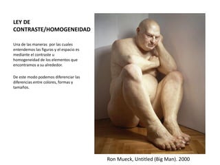 LEY DE
CONTRASTE/HOMOGENEIDAD
Una de las maneras por las cuales
entendemos las figuras y el espacio es
mediante el contraste u
homogeneidad de los elementos que
encontramos a su alrededor.
De este modo podemos diferenciar las
diferencias entre colores, formas y
tamaños.
Ron Mueck, Untitled (Big Man). 2000
 