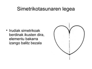 Simetrikotasunaren legea



    Irudiak simetrikoak
    berdinak ikusten dira,
    elementu bakarra
    izango balitz bezala
 