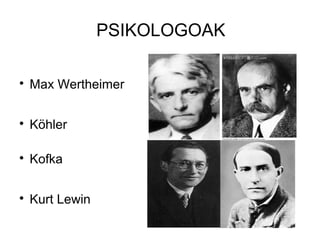 PSIKOLOGOAK


    Max Wertheimer


    Köhler


    Kofka


    Kurt Lewin
 