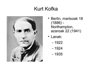 Kurt Kofka
     
         Berlin, martxoak 18
         (1886) -
         Northampton,
         azaroak 22 (1941)
     
         Lanak:
         - 1922
         - 1924
         - 1935
 