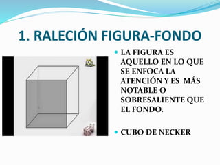1. RALECIÓN FIGURA-FONDO 
 LA FIGURA ES 
AQUELLO EN LO QUE 
SE ENFOCA LA 
ATENCIÓN Y ES MÁS 
NOTABLE O 
SOBRESALIENTE QUE 
EL FONDO. 
 CUBO DE NECKER 
 