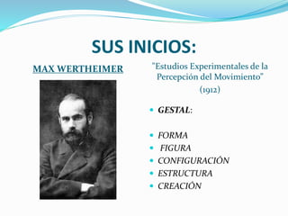 SUS INICIOS: 
MAX WERTHEIMER "Estudios Experimentales de la 
Percepción del Movimiento” 
(1912) 
 GESTAL: 
 FORMA 
 FIGURA 
 CONFIGURACIÓN 
 ESTRUCTURA 
 CREACIÓN 
 