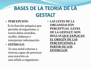 BASES DE LA TEORIA DE LA 
GESTALT 
 PERCEPCION: 
Es la función psíquica que 
permite al organismo, a 
través delos sentidos, 
recibir, elaborar e 
interpretar información. 
 ESTÍMULO: 
Es una señal externa o 
interna capaz de provocar 
una reacción en 
una célula u organismo. 
 LAS LEYES DE LA 
ORGANIZACIÓN 
PERCEPTUAL (LEYES 
DE LA GESTALT) SON 
REGLAS QUE EXPLICAN 
EL ORIGEN DE LAS 
PERCEPCIONES A 
PARTIR DE LOS 
ESTIMULOS 
 