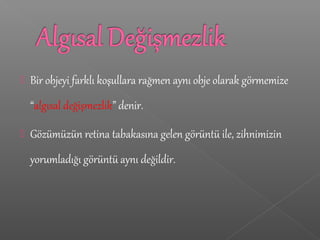  Bir objeyi farklı koşullara rağmen aynı obje olarak görmemize
“algısal değişmezlik” denir.
 Gözümüzün retina tabakasına gelen görüntü ile, zihnimizin
yorumladığı görüntü aynı değildir.
 