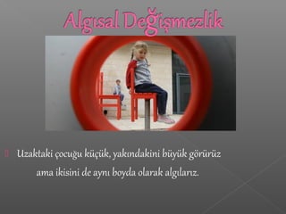  Uzaktaki çocuğu küçük, yakındakini büyük görürüz
ama ikisini de aynı boyda olarak algılarız.
 