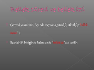  Çevresel yaşantının, beyinde meydana getirdiği etkinliğe “bellek
süreci” ;
 Bu etkinlik bittiğinde kalan ize de “bellek izi” adı verilir.
 