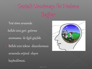 1 Test etme sırasında
bellek izini geri getirme
anımsama ile ilgili güçlük.
2 Bellek izini tekrar düzenlenmesi
sırasında orijinal olayın
kaybedilmesi.
Zeren, 2007
 