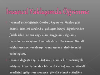 İnsancıl psikolojisinin Combs , Rogers ve Maslow gibi
önemli isimleri vardır.Bu yaklaşım bireyi diğerlerinden
farklı kılan ve ona özgü olan duyguları , algıları ,
inançları ve amaçları üzerinde durur. Bu kuram Gestalt
yaklaşımından yaralanıp insanı merkez alırHümanist
psikologları,
 insanın doğuştan iyi olduğunu , olumlu bir potansiyele
sahip ve hızını içten alan bir varlık olduğunu ve sürekli
kendisini geliştirme amacına yönelik olarak etkinlikte
 