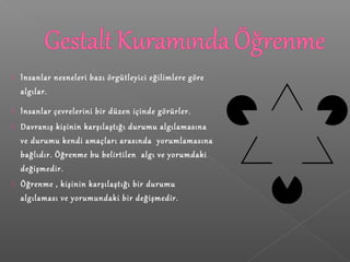  İnsanlar nesneleri bazı örgütleyici eğilimlere göre
algılar.
 İnsanlar çevrelerini bir düzen içinde görürler.
 Davranış kişinin karşılaştığı durumu algılamasına
ve durumu kendi amaçları arasında yorumlamasına
bağlıdır. Öğrenme bu belirtilen algı ve yorumdaki
değişmedir.
 Öğrenme , kişinin karşılaştığı bir durumu
algılaması ve yorumundaki bir değişmedir.
 