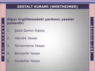 GESTALT KURAMI (WERTHEIMER)


    Algıyı örgütlemedeki yardımcı yasalar
K
    Ģunlardır:
                                            K
P                                           P
S   1.   Şekil-Zemin İlişkisi               S
S                                           S
1   2.   Yakınlık Yasası                    1
                                            0
0
                                            .
.   3.   Tamamlama Yasası                   C
C                                           O
O                                           M
M
    4.   Benzerlik Yasası

    5.   Süreklilik Yasası
 