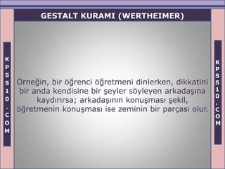 GESTALT KURAMI (WERTHEIMER)




K
                                                          K
P                                                         P
S                                                         S
S   Örneğin, bir öğrenci öğretmeni dinlerken, dikkatini   S
1    bir anda kendisine bir şeyler söyleyen arkadaşına    1
                                                          0
0         kaydırırsa; arkadaşının konuşması şekil,        .
.   öğretmenin konuşması ise zeminin bir parçası olur.    C
C                                                         O
O                                                         M
M
 
