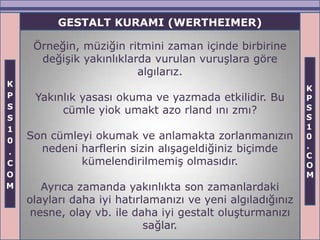 GESTALT KURAMI (WERTHEIMER)

     Örneğin, müziğin ritmini zaman içinde birbirine
      değişik yakınlıklarda vurulan vuruşlara göre
                         algılarız.
K
                                                            K
P    Yakınlık yasası okuma ve yazmada etkilidir. Bu         P
S                                                           S
          cümle yiok umakt azo rland ını zmı?
S                                                           S
1                                                           1
0
    Son cümleyi okumak ve anlamakta zorlanmanızın           0
      nedeni harflerin sizin alışageldiğiniz biçimde        .
.                                                           C
C            kümelendirilmemiş olmasıdır.                   O
O                                                           M
M      Ayrıca zamanda yakınlıkta son zamanlardaki
    olayları daha iyi hatırlamanızı ve yeni algıladığınız
     nesne, olay vb. ile daha iyi gestalt oluşturmanızı
                            sağlar.
 