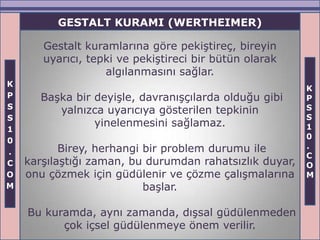 GESTALT KURAMI (WERTHEIMER)

       Gestalt kuramlarına göre pekiştireç, bireyin
       uyarıcı, tepki ve pekiştireci bir bütün olarak
                   algılanmasını sağlar.
K
                                                         K
P      Başka bir deyişle, davranışçılarda olduğu gibi    P
S                                                        S
          yalnızca uyarıcıya gösterilen tepkinin
S                                                        S
                 yinelenmesini sağlamaz.                 1
1
                                                         0
0
           Birey, herhangi bir problem durumu ile        .
.                                                        C
C   karşılaştığı zaman, bu durumdan rahatsızlık duyar,   O
O   onu çözmek için güdülenir ve çözme çalışmalarına     M
M                          başlar.

    Bu kuramda, aynı zamanda, dışsal güdülenmeden
          çok içsel güdülenmeye önem verilir.
 