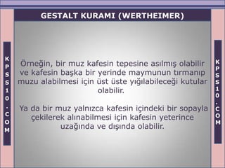 GESTALT KURAMI (WERTHEIMER)




K
    Örneğin, bir muz kafesin tepesine asılmış olabilir     K
P                                                          P
S   ve kafesin başka bir yerinde maymunun tırmanıp         S
S   muzu alabilmesi için üst üste yığılabileceği kutular   S
1                        olabilir.                         1
                                                           0
0
                                                           .
.   Ya da bir muz yalnızca kafesin içindeki bir sopayla    C
C                                                          O
       çekilerek alınabilmesi için kafesin yeterince
O                                                          M
M
               uzağında ve dışında olabilir.
 