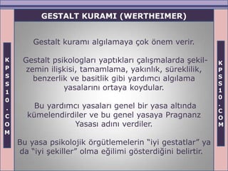 GESTALT KURAMI (WERTHEIMER)


        Gestalt kuramı algılamaya çok önem verir.

K    Gestalt psikologları yaptıkları çalışmalarda şekil-    K
P     zemin ilişkisi, tamamlama, yakınlık, süreklilik,      P
S                                                           S
        benzerlik ve basitlik gibi yardımcı algılama
S                                                           S
                yasalarını ortaya koydular.                 1
1
                                                            0
0
        Bu yardımcı yasaları genel bir yasa altında         .
.                                                           C
C     kümelendirdiler ve bu genel yasaya Pragnanz           O
O                Yasası adını verdiler.                     M
M
    Bu yasa psikolojik örgütlemelerin “iyi gestatlar” ya
    da “iyi şekiller” olma eğilimi gösterdiğini belirtir.
 