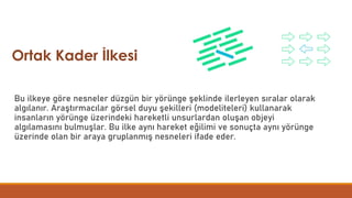 Bu ilkeye göre nesneler düzgün bir yörünge şeklinde ilerleyen sıralar olarak
algılanır. Araştırmacılar görsel duyu şekilleri (modeliteleri) kullanarak
insanların yörünge üzerindeki hareketli unsurlardan oluşan objeyi
algılamasını bulmuşlar. Bu ilke aynı hareket eğilimi ve sonuçta aynı yörünge
üzerinde olan bir araya gruplanmış nesneleri ifade eder.
Ortak Kader İlkesi
 