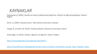 KAYNAKLAR
Yeşilyaprak, B. (2005). Gestalt ve insancıl yaklaşımında öğrenme. Gelişim ve öğrenmepsikolojisi. Ankara:
Pegem
Zeren, G. (2007). Gestalt kuramı. Yıldız teknik üniversitesi, İstanbul
Yüzgeç, B. ve Aslan, M. (2012). Gestalt psikoloji. Çukurova üniversitesi, Adana
Senemoğlu, N. (2012). Gelişim, öğrenim ve öğretim. Ankara: Pegem
https://www.bilgipedia.com.tr/gestalt-algi-ilkeleri/
https://miesofficial.com/blog/gestalt-kurami-nedir-ve-ilkeleri-nelerdir/#Iyi_Gestalt_Ilkesi_Pragnanz_Ilkesi
 