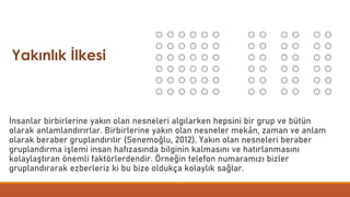 İnsanlar birbirlerine yakın olan nesneleri algılarken hepsini bir grup ve bütün
olarak anlamlandırırlar. Birbirlerine yakın olan nesneler mekân, zaman ve anlam
olarak beraber gruplandırılır (Senemoğlu, 2012). Yakın olan nesneleri beraber
gruplandırma işlemi insan hafızasında bilginin kalmasını ve hatırlanmasını
kolaylaştıran önemli faktörlerdendir. Örneğin telefon numaramızı bizler
gruplandırarak ezberleriz ki bu bize oldukça kolaylık sağlar.
Yakınlık İlkesi
 