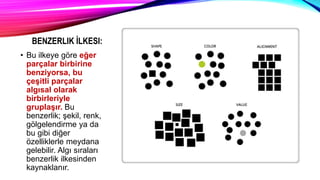 BENZERLIK İLKESI:
• Bu ilkeye göre eğer
parçalar birbirine
benziyorsa, bu
çeşitli parçalar
algısal olarak
birbirleriyle
gruplaşır. Bu
benzerlik; şekil, renk,
gölgelendirme ya da
bu gibi diğer
özelliklerle meydana
gelebilir. Algı sıraları
benzerlik ilkesinden
kaynaklanır.
 