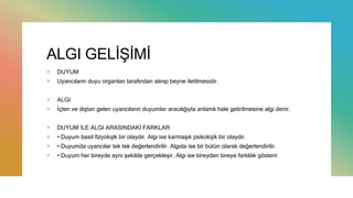 ALGI GELİŞİMİ
+ DUYUM
+ Uyarıcıların duyu organları tarafından alınıp beyne iletilmesidir.
+ ALGI
+ İçten ve dıştan gelen uyarıcıların duyumlar aracılığıyla anlamlı hale getirilmesine algı denir.
+ DUYUM İLE ALGI ARASINDAKİ FARKLAR
+ • Duyum basit fizyolojik bir olaydır. Algı ise karmaşık psikolojik bir olaydır.
+ • Duyumda uyarıcılar tek tek değerlendirilir. Algıda ise bir bütün olarak değerlendirilir.
+ • Duyum her bireyde aynı şekilde gerçekleşir. Algı ise bireyden bireye farklılık gösterir.
 