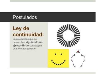 Postulados 
Ley de 
continuidad: 
Los elementos que se 
desarrollan siguiendo un 
eje continuo constituyen 
una forma pregnante. 
 