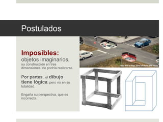 Postulados 
Imposibles: 
objetos imaginarios, 
su construcción en tres 
dimensiones no podría realizarse. 
Por partes, el dibujo 
tiene lógica, pero no en su 
totalidad. 
Engaña su perspectiva, que es 
incorrecta. 
 
