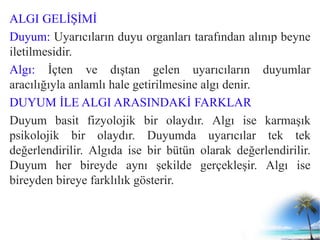 ALGI GELİŞİMİ
Duyum: Uyarıcıların duyu organları tarafından alınıp beyne
iletilmesidir.
Algı: İçten ve dıştan gelen uyarıcıların duyumlar
aracılığıyla anlamlı hale getirilmesine algı denir.
DUYUM İLE ALGI ARASINDAKİ FARKLAR
Duyum basit fizyolojik bir olaydır. Algı ise karmaşık
psikolojik bir olaydır. Duyumda uyarıcılar tek tek
değerlendirilir. Algıda ise bir bütün olarak değerlendirilir.
Duyum her bireyde aynı şekilde gerçekleşir. Algı ise
bireyden bireye farklılık gösterir.
 
