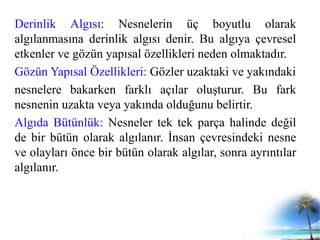 Derinlik Algısı: Nesnelerin üç boyutlu olarak
algılanmasına derinlik algısı denir. Bu algıya çevresel
etkenler ve gözün yapısal özellikleri neden olmaktadır.
Gözün Yapısal Özellikleri: Gözler uzaktaki ve yakındaki
nesnelere bakarken farklı açılar oluşturur. Bu fark
nesnenin uzakta veya yakında olduğunu belirtir.
Algıda Bütünlük: Nesneler tek tek parça halinde değil
de bir bütün olarak algılanır. İnsan çevresindeki nesne
ve olayları önce bir bütün olarak algılar, sonra ayrıntılar
algılanır.
 
