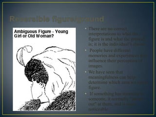 • There are no correct
interpretations to what the
figure is and what the ground
is; it is the individual’s choice.
• People have different
memories and experiences that
influence their perception of
images.
• We have seen that
meaningfulness can help
determine which area we see as
figure.
• If something has meaning to
someone, it normally "jumps
out" at them, and is more
noticeable

 