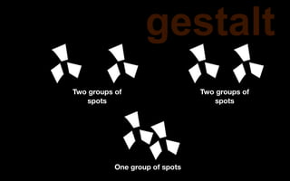 gestalt
Two groups of                   Two groups of
   spots                           spots




           One group of spots
 