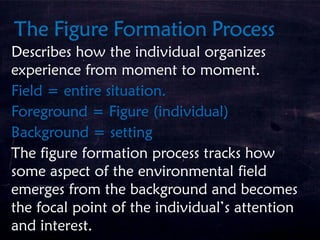 Describes how the individual organizes
experience from moment to moment.
Field = entire situation.
Foreground = Figure (individual)
Background = setting
The figure formation process tracks how
some aspect of the environmental field
emerges from the background and becomes
the focal point of the individual’s attention
and interest.
 