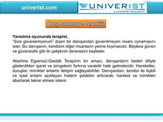univerist.com
Yansıtma oyununda terapist,
“Size güvenemiyorum” diyen bir danışandan güvenilmeyen insanı oynamasını
ister. Bu danışanın, kendisini diğer insanların yerine koymasıdır. Böylece güven
ve güvensizlik gibi iki çelişkinin derecesini keşfeder.
Abartma Egzersizi:Gestalt Terapinin bir amacı, danışanların beden diliyle
gösterdikleri işaret ve simgelerin farkına varabilir hale gelmeleridir. Hareketler,
duruşlar, mimikler anlamlı iletişim sağlayabilirler. Danışandan, kendisi ile ilişkili
ve içsel anlamı açıklayan hislerin şiddetini arttırarak, hareket ve mimikleri
abartarak tekrar etmesi istenir.
 