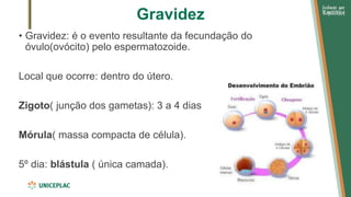 Gravidez
• Gravidez: é o evento resultante da fecundação do
óvulo(ovócito) pelo espermatozoide.
Local que ocorre: dentro do útero.
Zigoto( junção dos gametas): 3 a 4 dias
Mórula( massa compacta de célula).
5º dia: blástula ( única camada).
 