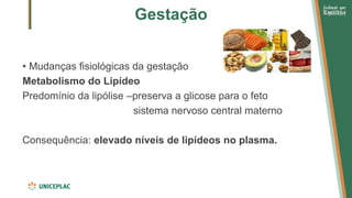 Gestação
• Mudanças fisiológicas da gestação
Metabolismo do Lipídeo
Predomínio da lipólise –preserva a glicose para o feto
sistema nervoso central materno
Consequência: elevado níveis de lipídeos no plasma.
 