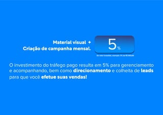 Material visual +
Criação de campanha mensal. 5%
O investimento do tráfego pago resulta em 5% para gerenciamento
e acompanhando, bem como direcionamento e colheita de leads
para que você efetue suas vendas!
Do valor investido, exemplo: 5% de R$ 500,00
 