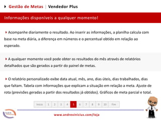 4 Gestão de Metas |Vendedor PlusInformações disponíveis a qualquer momento!4Acompanhe diariamente o resultado. Ao inserir as informações, a planilha calcula com base na meta diária, a diferença em números e o percentual obtido em relação ao esperado. 4A qualquer momento você pode obter os resultados do mês através de relatórios detalhados que são gerados a partir do painel de metas. 4O relatório personalizado exibe data atual, mês, ano, dias úteis, dias trabalhados, dias que faltam. Tabela com informações que explicam a situação em relação a meta. Ajuste de rota (previsões geradas a partir dos resultados já obtidos). Gráficos de meta parcial e total.12345678910FimInício