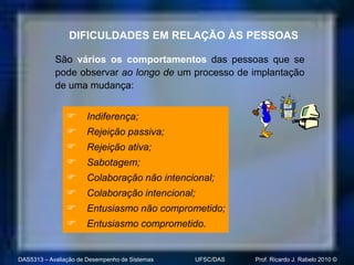 DIFICULDADES EM RELAÇÃO ÀS PESSOAS

            São vários os comportamentos das pessoas que se
            pode observar ao longo de um processo de implantação
            de uma mudança:


                     Indiferença;
                     Rejeição passiva;
                     Rejeição ativa;
                     Sabotagem;
                     Colaboração não intencional;
                     Colaboração intencional;
                     Entusiasmo não comprometido;
                     Entusiasmo comprometido.


DAS5313 – Avaliação de Desempenho de Sistemas   UFSC/DAS   Prof. Ricardo J. Rabelo 2010 ©
 