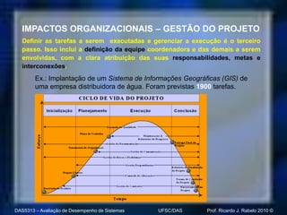 IMPACTOS ORGANIZACIONAIS – GESTÃO DO PROJETO
   Definir as tarefas a serem executadas e gerenciar a execução é o terceiro
   passo. Isso inclui a definição da equipe coordenadora e das demais a serem
   envolvidas, com a clara atribuição das suas responsabilidades, metas e
   interconexões.
        Ex.: Implantação de um Sistema de Informações Geográficas (GIS) de
        uma empresa distribuidora de água. Foram previstas 1900 tarefas.




DAS5313 – Avaliação de Desempenho de Sistemas   UFSC/DAS     Prof. Ricardo J. Rabelo 2010 ©
 