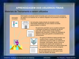 APRENDIZAGEM DOS USUÁRIOS FINAIS
 Materiais de Treinamento a serem utilizados
                         Informações conceituais serão fornecidas para comunicar os novos processos
           Informações   de negócio e os impactos de um sistema integrado nos processos e funções da
           Conceituais   empresa.

                              Instruções    As instruções criadas através do template contem
                            passo-a-passo
                                            informações detalhadas de como realizar as tarefas
                             Step 1
                                            passo-a-passo no sistema.
                             Step 2

                             Step 3                       Os exercícios permitem que os usuários pratiquem
                                                          a utilização do sistema no ambiente de sala de
                                                          aula onde podem receber ajuda imediata e
                                       Exercícios 1
                                                Step
                                                          feedback dos instrutores. A prática da utilização do
                                                 Step 2
                                                          sistema é crítica para garantir a transferência do
                                                          conhecimento.
                                                                 Os guias de referência rápida permitem aos
                                                                 usuários finais o acesso a informações
                                                Quick            pertinentes enquanto estão no ambiente de
                                              Reference          produção. Informações gerais e fluxos do
                                                Guide            processo de negócio são exemplos de
                                                                 informações que podem ser referenciadas para
                                            Procedimentos        os usuários finais num formato amigável.

                                                                Nos procedimentos os usuários poderão
                                                                ter uma visão clara de como será a nova
                                                                rotina de trabalho das áreas.



DAS5313 – Avaliação de Desempenho de Sistemas                           UFSC/DAS               Prof. Ricardo J. Rabelo 2010 ©
 