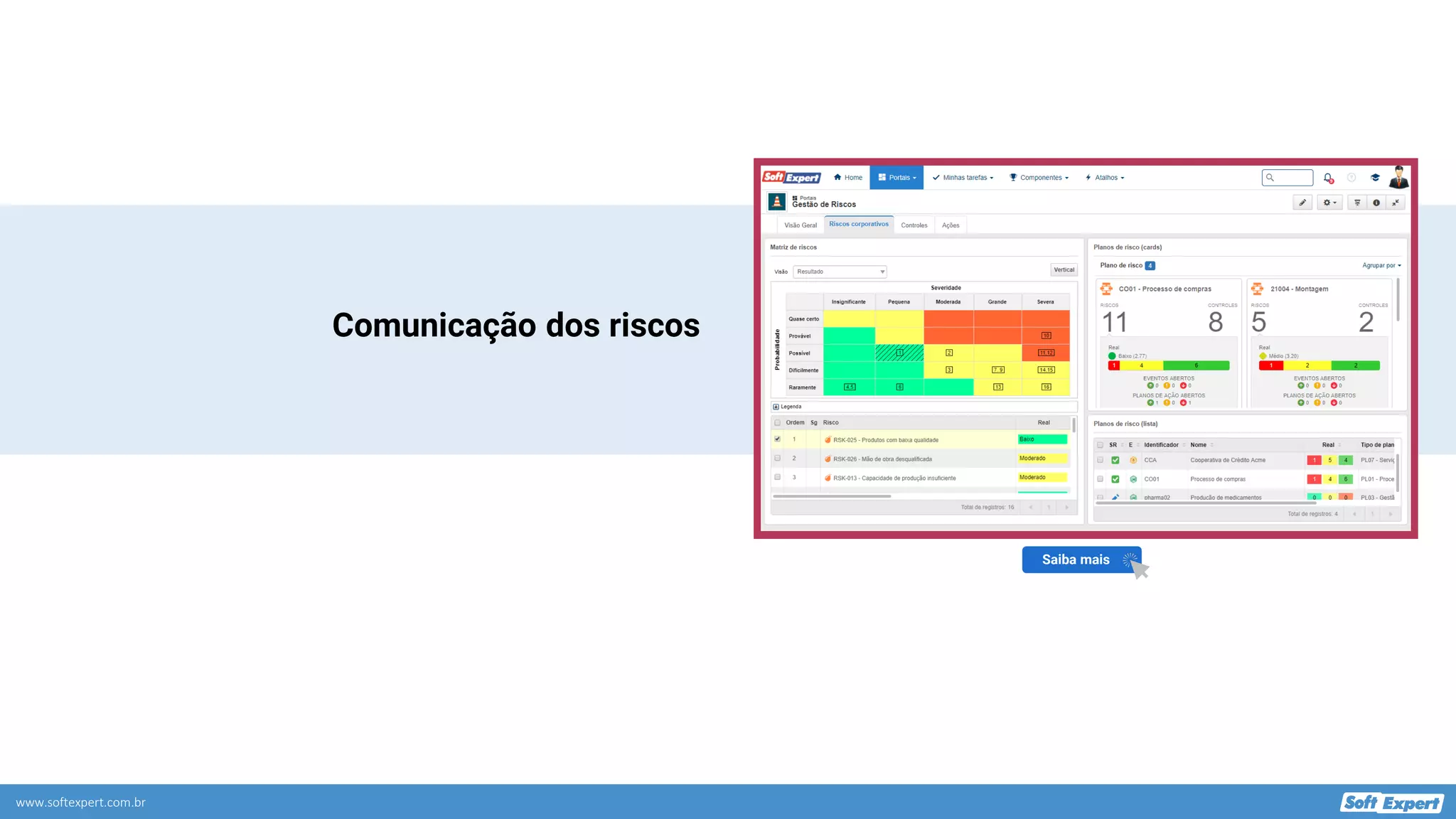 www.softexpert.com.br
Comunicação dos riscos
Saiba mais
 