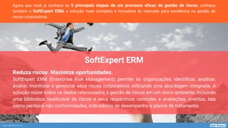 www.softexpert.com.br
Agora que você já conhece as 5 principais etapas de um processo eficaz de gestão de riscos, conheça
também o SoftExpert ERM, a solução mais completa e inovadora do mercado para excelência na gestão de
riscos corporativos.
Reduza riscos. Maximize oportunidades.
SoftExpert ERM (Enterprise Risk Management) permite às organizações identificar, analisar,
avaliar, monitorar e gerenciar seus riscos corporativos utilizando uma abordagem integrada. A
solução reúne todos os dados relacionados à gestão de riscos em um único ambiente, incluindo
uma biblioteca reutilizável de riscos e seus respectivos controles e avaliações, eventos, tais
como perdas e não conformidades, indicadores de desempenho e planos de tratamento.
SoftExpert ERM
 