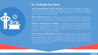 www.softexpert.com.br
Avalie a probabilidade de ocorrência dos riscos. Para chegar ao resultado da avaliação do
risco você precisa primeiro analisar a probabilidade de que o risco se manifeste, considerando
os controles existentes que estão ativos. Essa tarefa pode não ser tão fácil e os critérios
variam de acordo com os tipos dos riscos.
Avalie o impacto dos riscos. O impacto de um risco é normalmente definido considerando o
nível de severidade desse impacto. Definir regras para avaliar os impactos é mais complexo
que para avaliar a probabilidade, já que em muitos casos essa avaliação é apenas qualitativa.
Obtenha o resultado final da avaliação. O resultado final provém da combinação das
avaliações de probabilidade e de impacto, normalmente através da multiplicação de seus
coeficientes, gerando a chamada “matriz de avaliação de riscos”. É comum dividir a matriz em
cores para proporcionar uma abordagem mais visual para a situação do risco, em
complemento ao seu resultado quantitativo.
Priorize os riscos e defina o apetite de risco. Não é possível se livrar de todos os riscos, então
alguns precisarão ser tratados. No entanto, é importante definir qual a tolerância da
organização para com os riscos e então definir uma prioridade para cada risco, de acordo com
esta tolerância (apetite). Definir uma prioridade lhe dá uma informação secundária sobre o
risco, em complemento à sua situação, assim você pode identificar rapidamente os riscos
mais significantes ou urgentes.
02 | Avaliação dos riscos
 