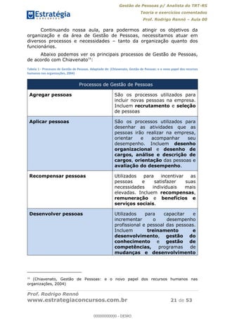 Gestão de Pessoas p/ Analista do TRT-RS
Teoria e exercícios comentados
Prof. Rodrigo Rennó Aula 00
Prof. Rodrigo Rennó
www.estrategiaconcursos.com.br 21 de 53
Continuando nossa aula, para podermos atingir os objetivos da
organização e da área de Gestão de Pessoas, necessitamos atuar em
diversos processos e necessidades tanto da organização quanto dos
funcionários.
Abaixo podemos ver os principais processos de Gestão de Pessoas,
de acordo com Chiavenato18
:
Tabela 1 - Processos de Gestão de Pessoas. Adaptado de: (Chiavenato, Gestão de Pessoas: e o novo papel dos recursos
humanos nas organizações, 2004)
Processos de Gestão de Pessoas
Agregar pessoas São os processos utilizados para
incluir novas pessoas na empresa.
Incluem recrutamento e seleção
de pessoas
Aplicar pessoas São os processos utilizados para
desenhar as atividades que as
pessoas irão realizar na empresa,
orientar e acompanhar seu
desempenho. Incluem desenho
organizacional e desenho de
cargos, análise e descrição de
cargos, orientação das pessoas e
avaliação do desempenho.
Recompensar pessoas Utilizados para incentivar as
pessoas e satisfazer suas
necessidades individuais mais
elevadas. Incluem recompensas,
remuneração e benefícios e
serviços sociais.
Desenvolver pessoas Utilizados para capacitar e
incrementar o desempenho
profissional e pessoal das pessoas.
Incluem treinamento e
desenvolvimento, gestão do
conhecimento e gestão de
competências, programas de
mudanças e desenvolvimento
18
(Chiavenato, Gestão de Pessoas: e o novo papel dos recursos humanos nas
organizações, 2004)
00000000000
00000000000 - DEMO
 