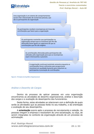 Gestão de Pessoas p/ Analista do TRT-RS
Teoria e exercícios comentados
Prof. Rodrigo Rennó Aula 00
Prof. Rodrigo Rennó
www.estrategiaconcursos.com.br 29 de 53
Figura 6 - Princípios do Equilíbrio Organizacional
Análise e Desenho de Cargos
Dentro do processo de aplicar pessoas em uma organização
encontramos as atividades de desenho organizacional, análise e descrição
dos cargos e a avaliação do desempenho dos funcionários.
Desta forma, estas atividades se relacionam com a definição de quais
serão as atividades que as pessoas farão no seu trabalho, e da orientação
e avaliação de seu desempenho.
A orientação ocorre após o processo de recrutamento e seleção. As
pessoas chegam à empresa e necessitam de uma socialização, ou seja, de
serem integradas no contexto da organização através de um processo de
aclimatação.
Uma organização é um sistema de comportamentos
sociais inter-relacionados de numerosas pessoas, que
são os participantes da organização
Os participantes recebem recompensas em troca das
contribuições que fazem para a organização
Os participantes manterão suas participações na
organização sempre que os incentivos que lhe são
oferecidos forem iguais ou superiores do que as
contribuições que lhe são exigidos
As contribuições oferecidas pelos participantes são
utilizadas pela organização para que as recompensas
sejam interessantes e possíveis
A organização continuará existindo somente enquanto as
contribuições forem suficientes para proporcionar
incentivos em qualidade bastante para induzirem os
participantes à prestação de contribuições
00000000000
00000000000 - DEMO
 